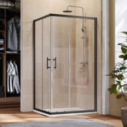ELEGANT Black Frame 900 X 800 Mm Corner Entry Shower Enclosure With Sliding Shower Door For Bathroom Wet Room