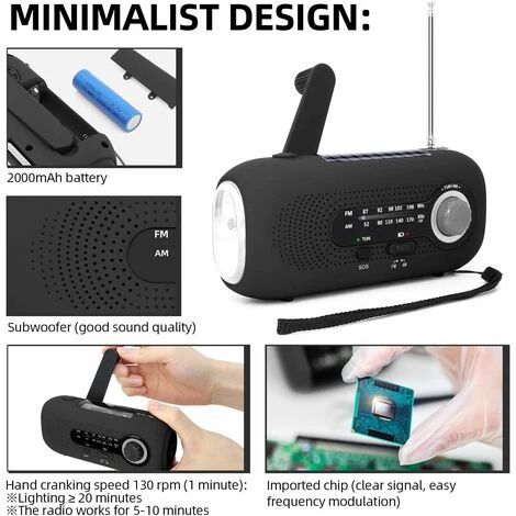 Portable Solar Radio Dynamo Radio Solar Radio With SOS Alarm For Emergencies Small Radio Waterproof IPX3 Radio AM/FM Crank Radio Flashlight 2000mAh Battery - Image 5