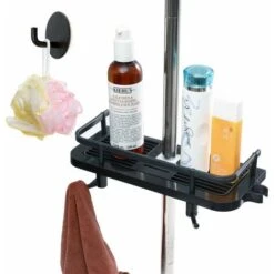 Plastic Adjustable Telescopic Shower Shelf, Bathroom Shelves，Bathroom Organizer Soap Holder For Storing Shampoo Soap, No Drilling Mounting For 18mm-25mm, Black