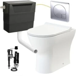 Rimless D Shape Back To Wall Toilet Pan With Soft Close Seat & Concealed Cistern Chrome Plate Button