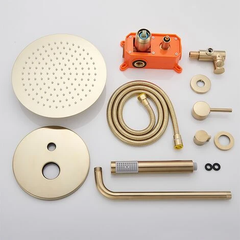 Ensemble De Douche Encastrable Doré Brossé 25cm25cm Système De Douche 2 Fonctions Mitigeur De Douche Avec Rond Ultra Fin Pommeau De Douche En Laiton Kit Douche Encastrable Plafond - Image 5
