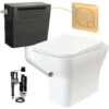 Square Rimless Back To Wall Toilet Pan With Soft Close Seat & Concealed Cistern Brushed Brass Plate Button
