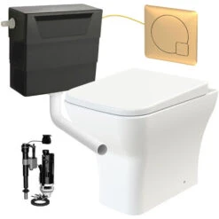 Square Rimless Back To Wall Toilet Pan With Soft Close Seat & Concealed Cistern Brushed Brass Plate Button