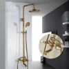 Antique Brass Shower System With 3 Functions Tap Rainfall Head, Handheld Shower, Tub Spout And Shelf, Solid Brass Retro Shower Mixer Taps For Bathroom