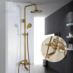 Antique Brass Shower System With 3 Functions Tap Rainfall Head, Handheld Shower, Tub Spout And Shelf, Solid Brass Retro Shower Mixer Taps For Bathroom